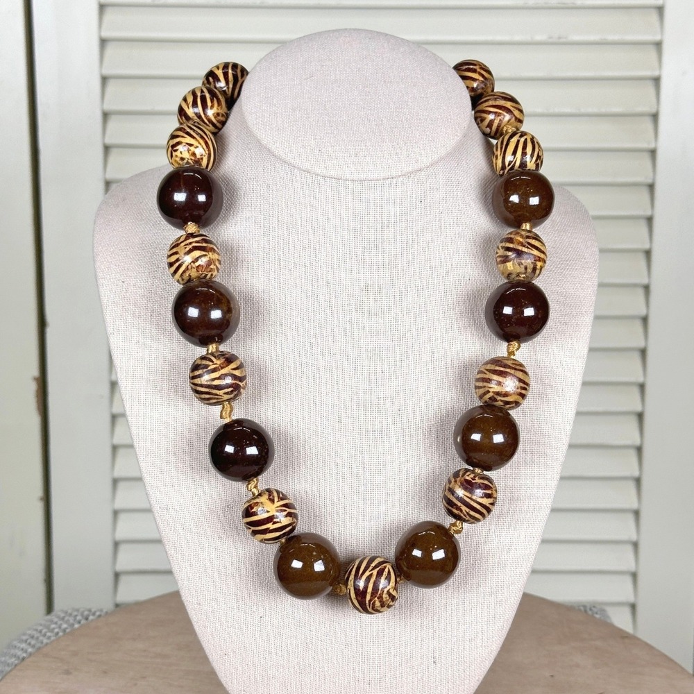 Vintage Wood & Glazed Ceramic Safari Zebra Striped Beaded Necklace Hand Knotted